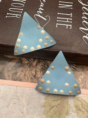 Geometric Triangle Statement Earrings Vintage Blue Gold Studs